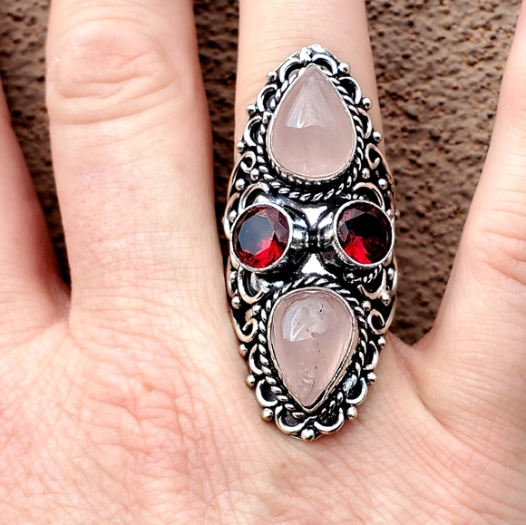 New Rose Quartz and Garnet 925 Silver Statement Ring. - Picture 10 of 15